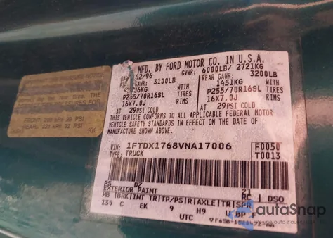 1997 Ford F-150 Lariat/Standard/Xl/Xlt from USA, damaged, VIN 1FTDX1768VNA17006